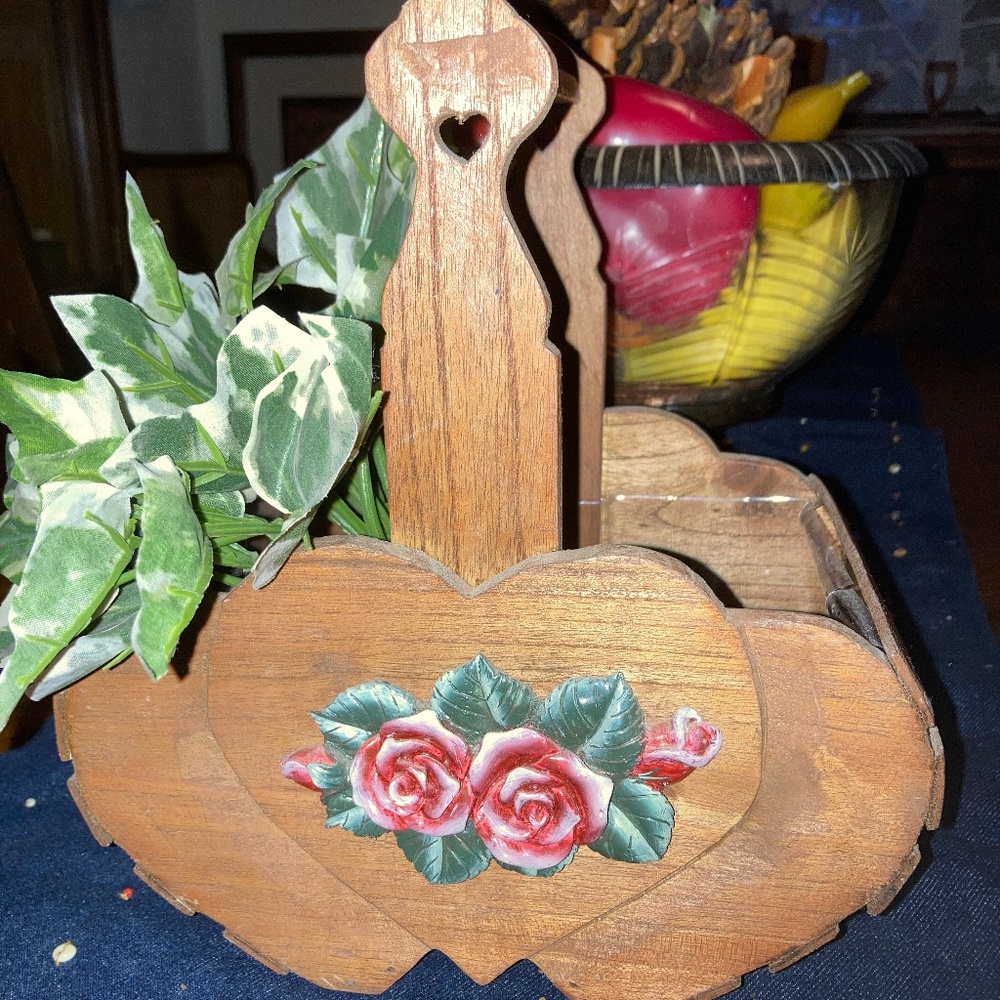 Vintage wooden  basket with glass roses on the side